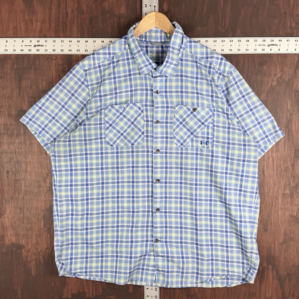 Under Armour Heat Gear Vented Fishing Shirt Short Sleeve Blue‎ Plaid Men's 2XL